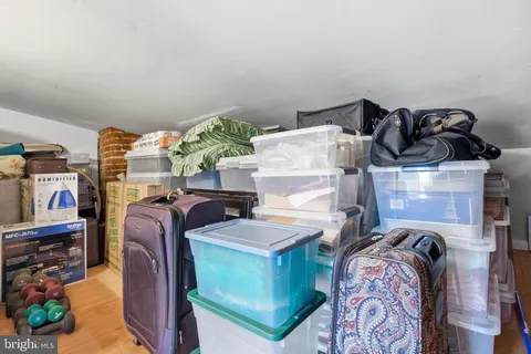 a view of a storage room with gym equipment