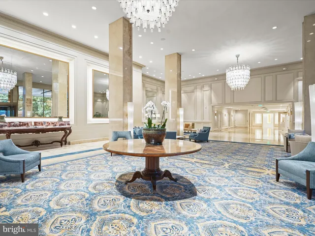 a view of a lobby with a chandelier