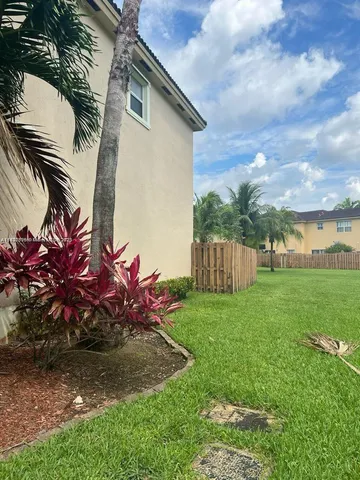 a view of a backyard with potted plants and a large tree