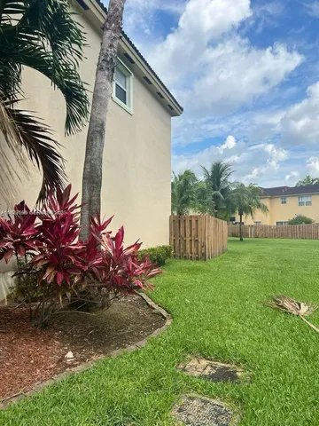 a view of a backyard with potted plants and a large tree