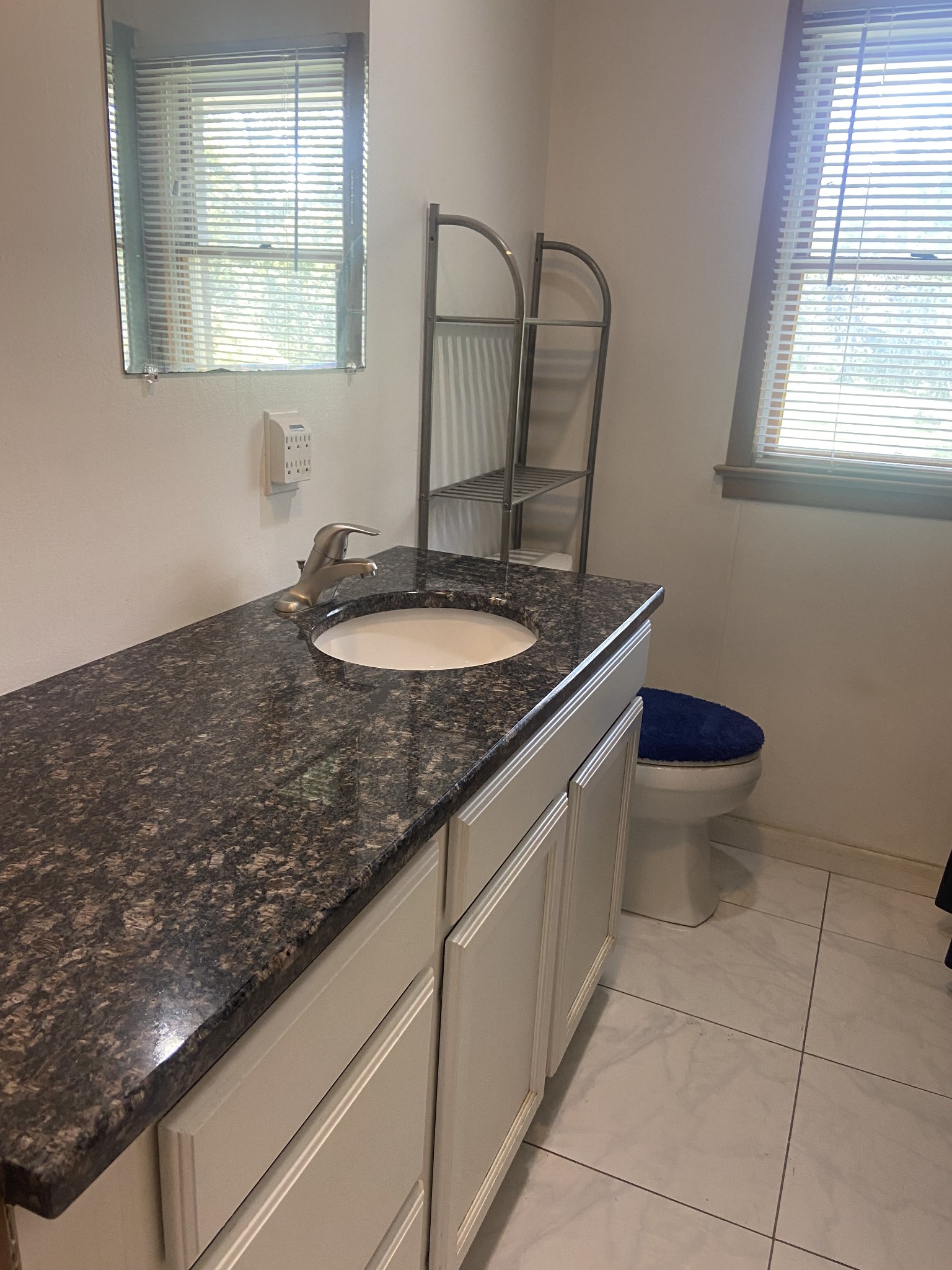 1071 Simms Heights Road Kingston Springs, TN 37082 - Photo 17 of 31 a bathroom with a granite countertop sink a toilet and a mirror