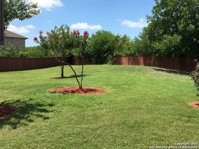 a view of a backyard with a fountain