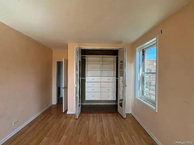 an empty room with closet and wooden floor