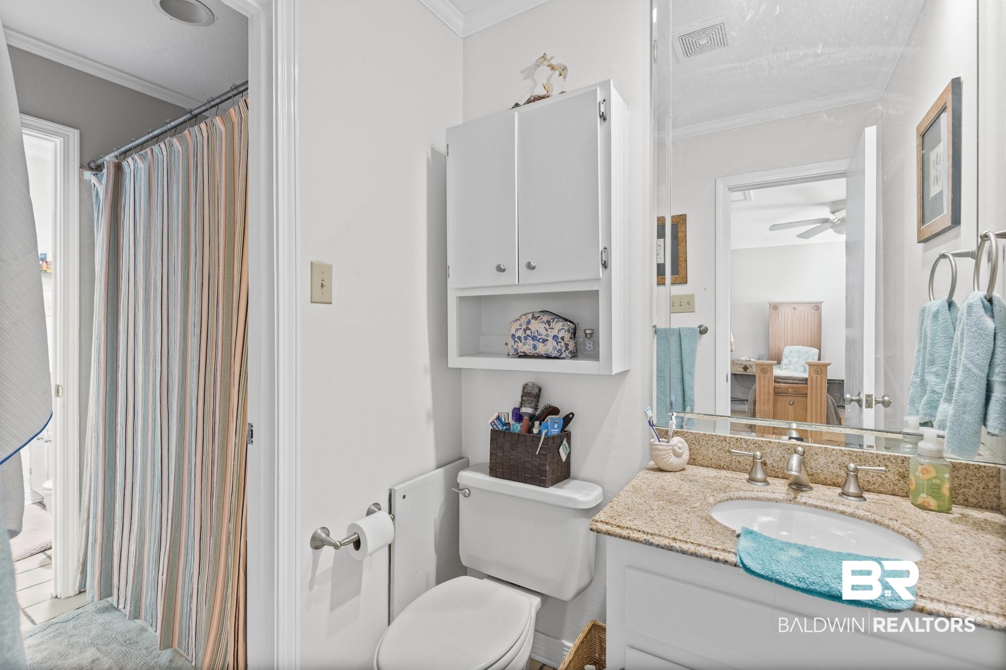 114 Du Rhu Drive, Unit A Mobile, AL 36608 - Photo 11 of 14 Bathroom with ornamental molding, a shower with shower curtain, and vanity