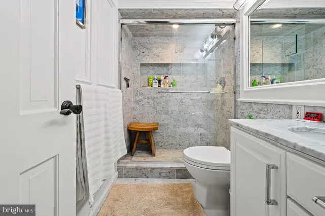 a bathroom with a sink a toilet and a shower