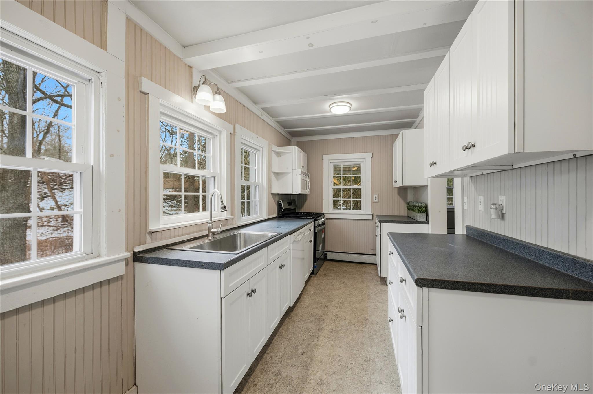 293 Highway 94 Warwick, NY 10990 - Photo 11 of 20 Kitchen with wooden walls, dark countertops, white cabinets, stainless steel gas range, and white dishwasher