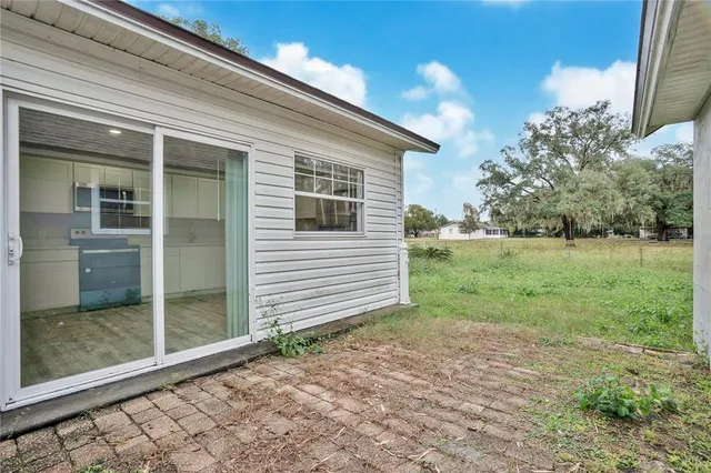 a view of a backyard with large trees and plants
