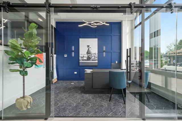 a view of a workspace with furniture and a potted plant
