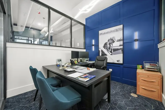 a view of a dining room with furniture