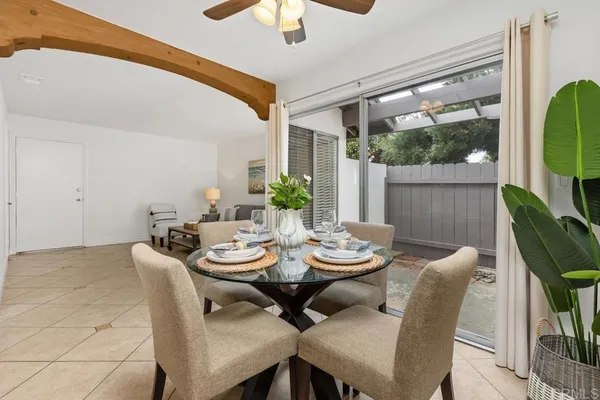a view of a dining room with furniture window and outside view