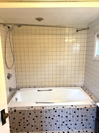 a bathroom with a bathtub and shower