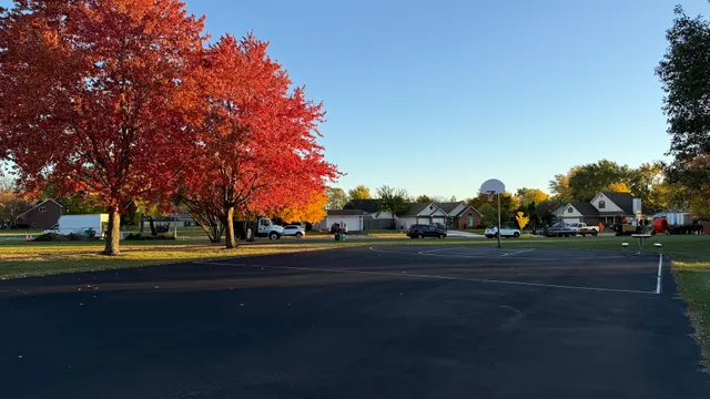 a view of park with slide and trees