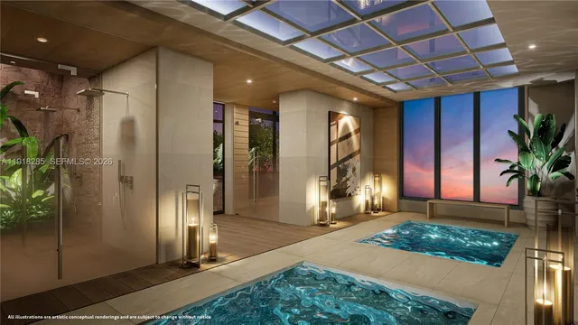 a living room with furniture a flat screen tv and a floor to ceiling window
