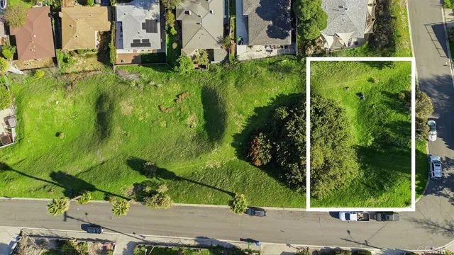 an aerial view of residential houses with outdoor space and trees