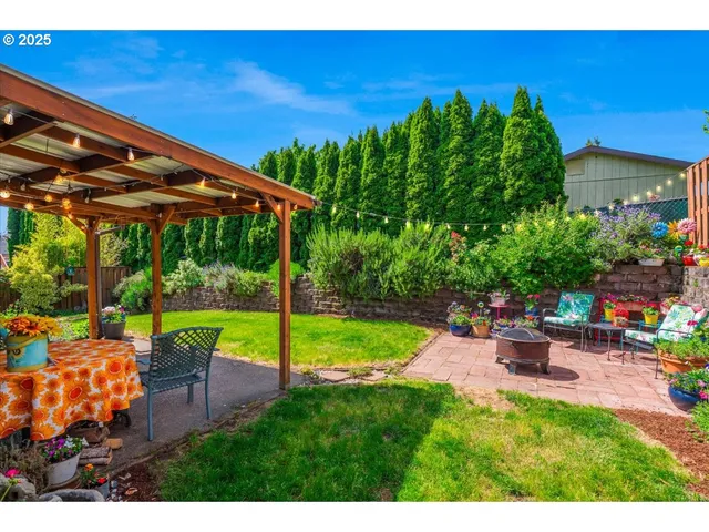 a backyard of a house with a garden and seating space
