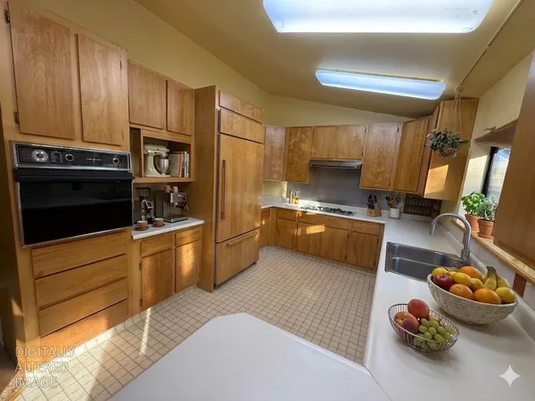 a kitchen with stainless steel appliances kitchen island granite countertop a sink dishwasher stove and refrigerator