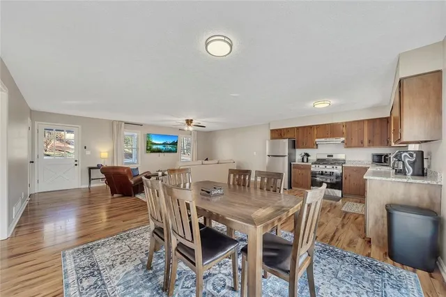 a view of a dining room with furniture