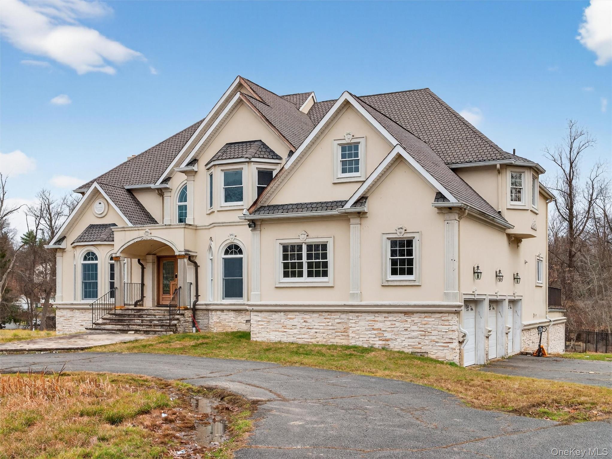 120 East Willow Tree Road Spring Valley, NY 10977 - Photo 2 of 49 French country inspired facade with driveway, stucco siding, an attached garage, and stone siding