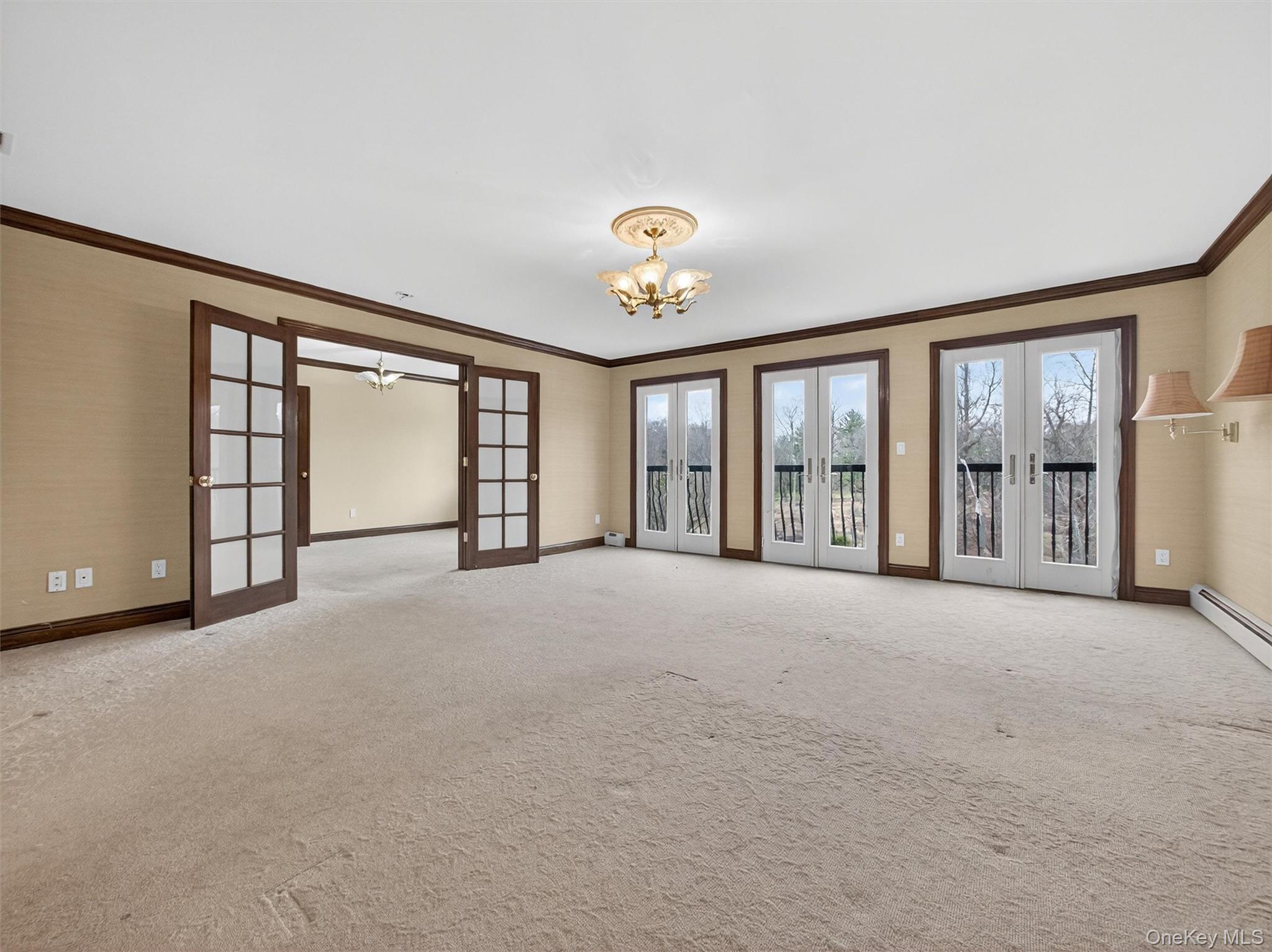 120 East Willow Tree Road Spring Valley, NY 10977 - Photo 21 of 49 Spare room with french doors, ornamental molding, a chandelier, and light carpet