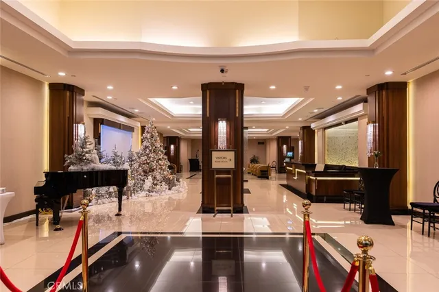 a view of a lobby with gym equipment