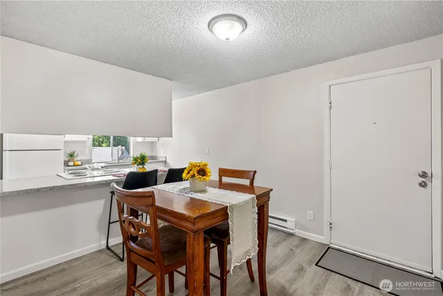 a view of a dining room with furniture