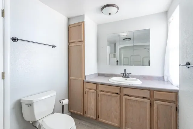 a bathroom with a toilet sink vanity and mirror
