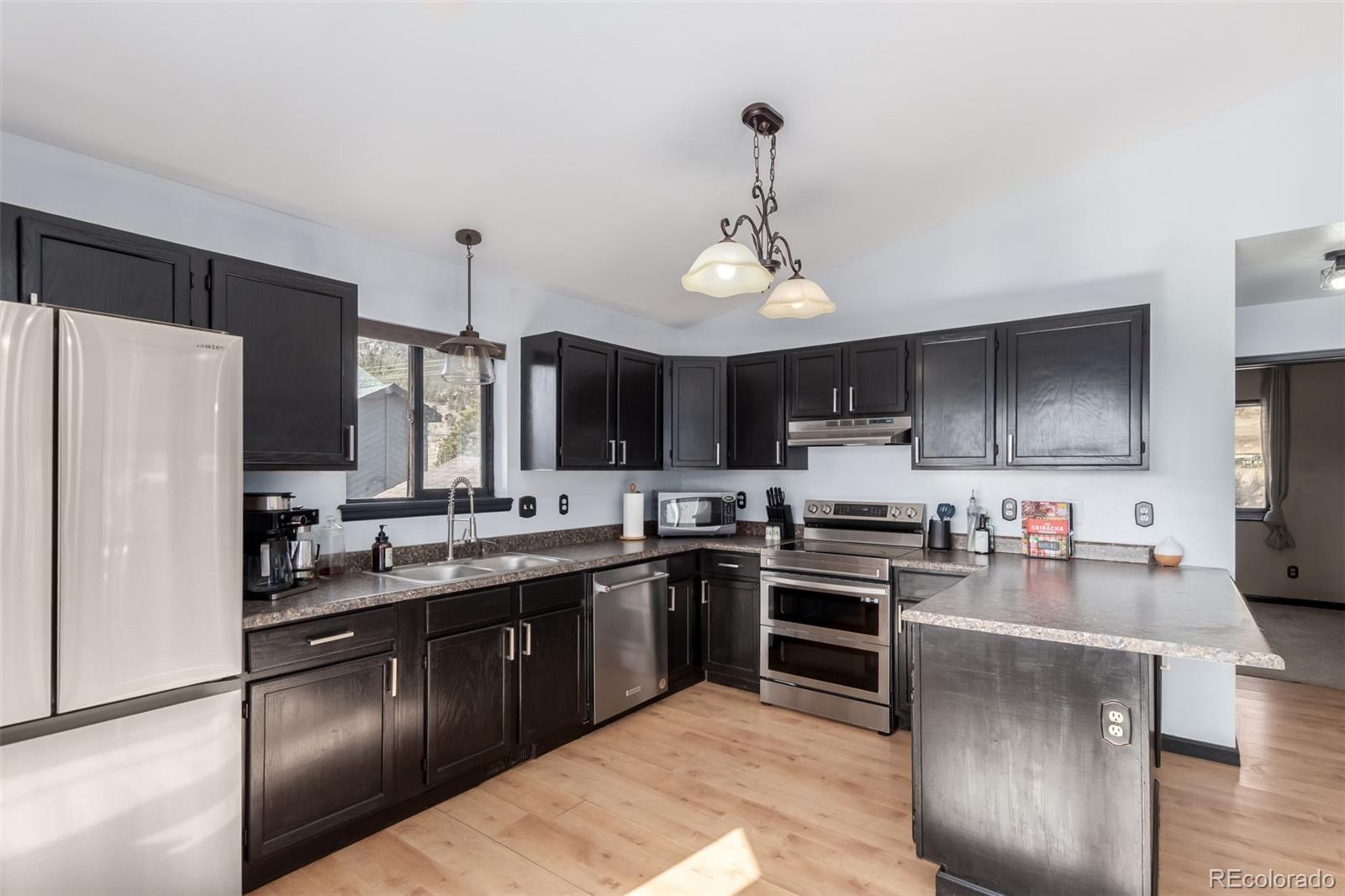 121 Sunlight Lane Bailey, CO 80421 - Photo 10 of 30 a kitchen with stainless steel appliances granite countertop a sink a stove and refrigerator
