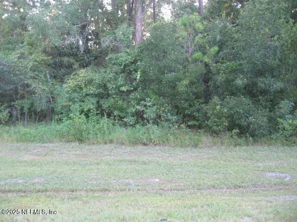 a view of a field with trees in the background