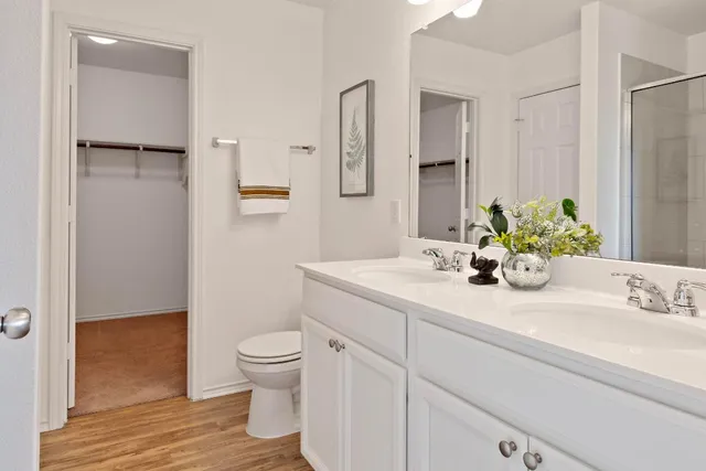 a bathroom with a sink a toilet and a large mirror