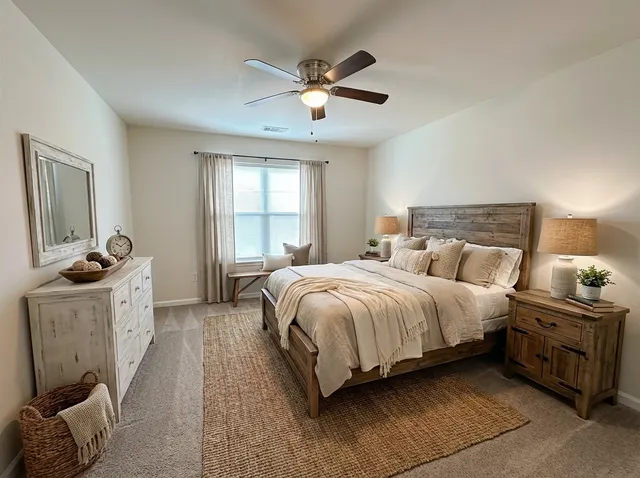 a spacious bedroom with a bed and a chandelier