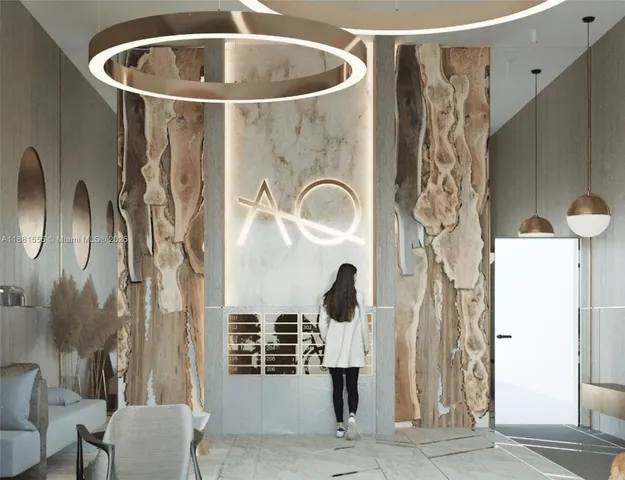 a blue white house with a sink and a mirror