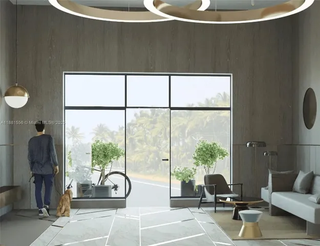 a living room with a large window and a table