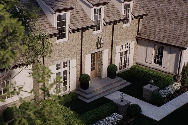 a front view of a house with garden
