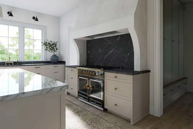 a kitchen with a stove and a microwave