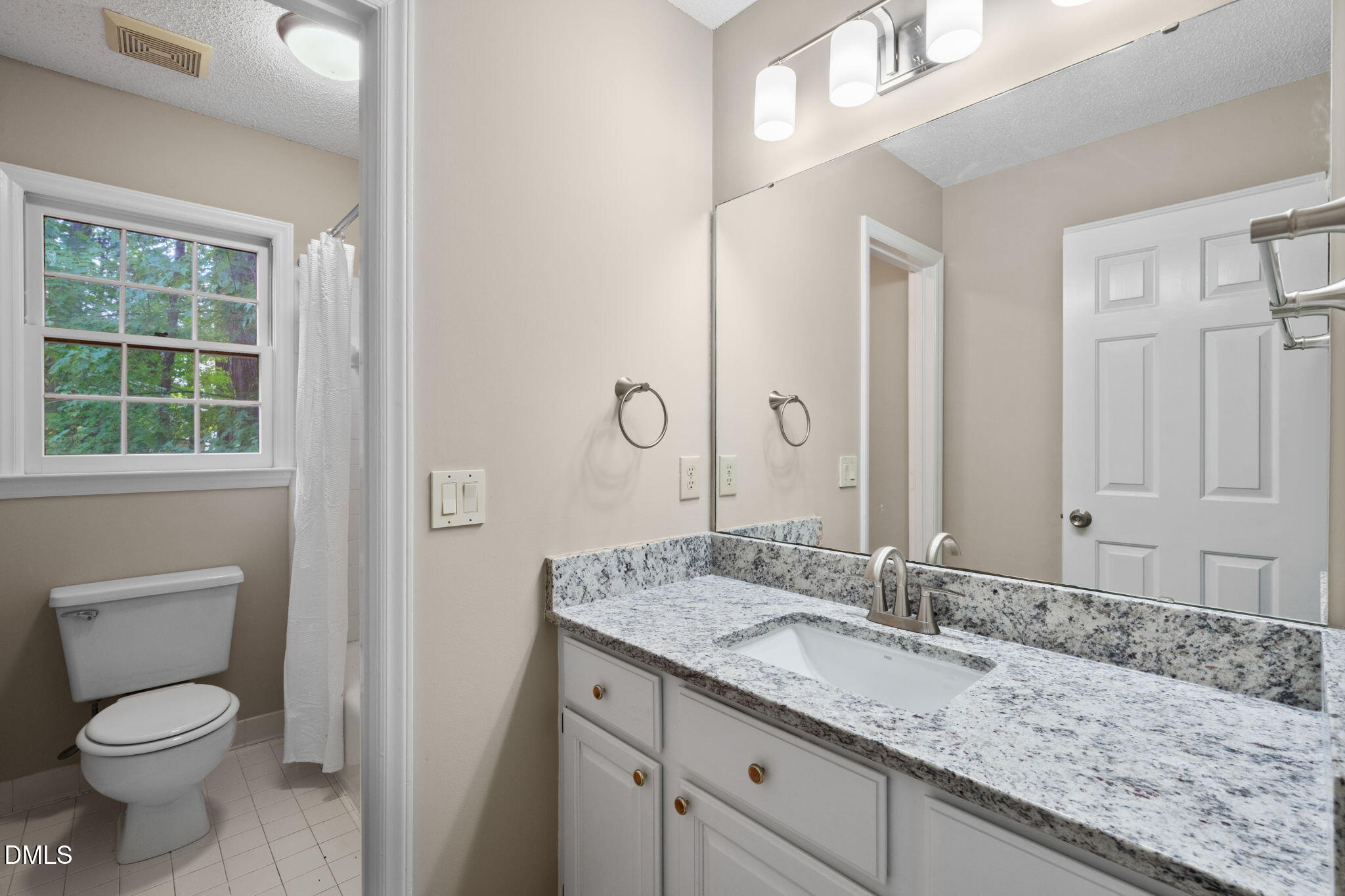 42 Renwick Court Raleigh, NC 27615 - Photo 26 of 58 a bathroom with a granite countertop sink a toilet and a mirror