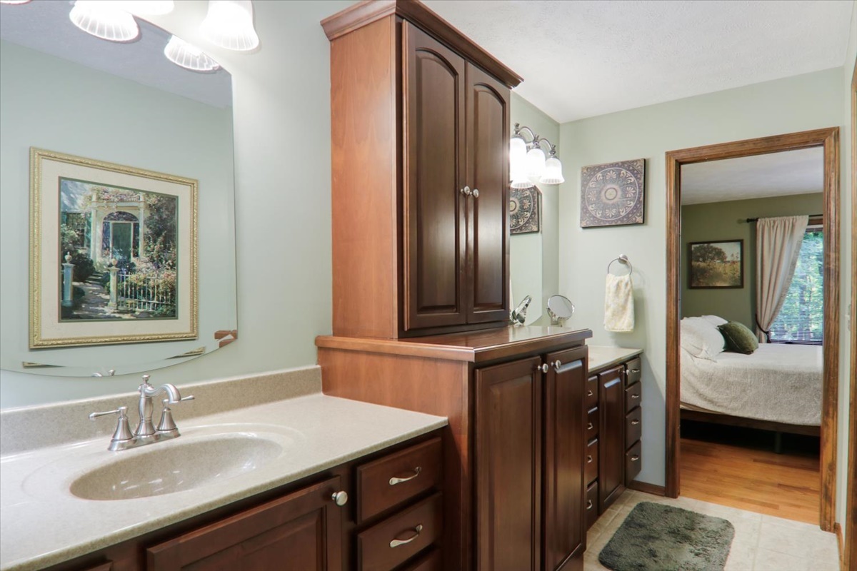 21 Bent Tree Lane Towanda, IL 61776 - Photo 28 of 49 a en suite bathroom with a granite countertop sink and a mirror