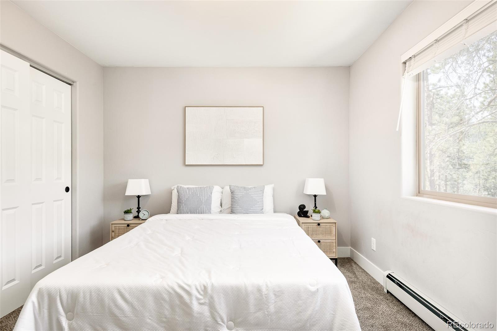 5132 Ute Road Indian Hills, CO 80454 - Photo 29 of 38 a bedroom with a bed and a large mirror