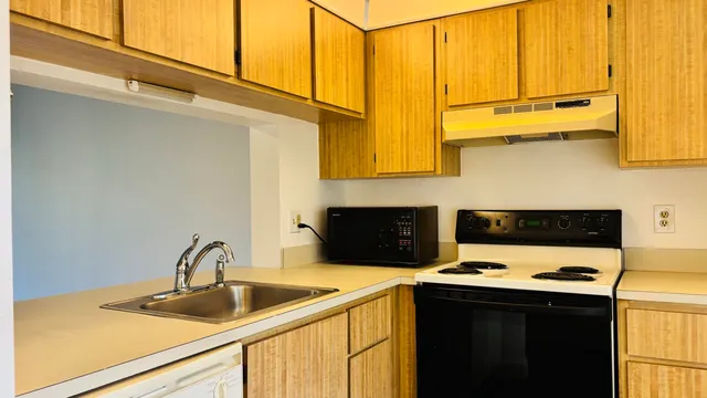 a kitchen with a sink a stove and cabinets