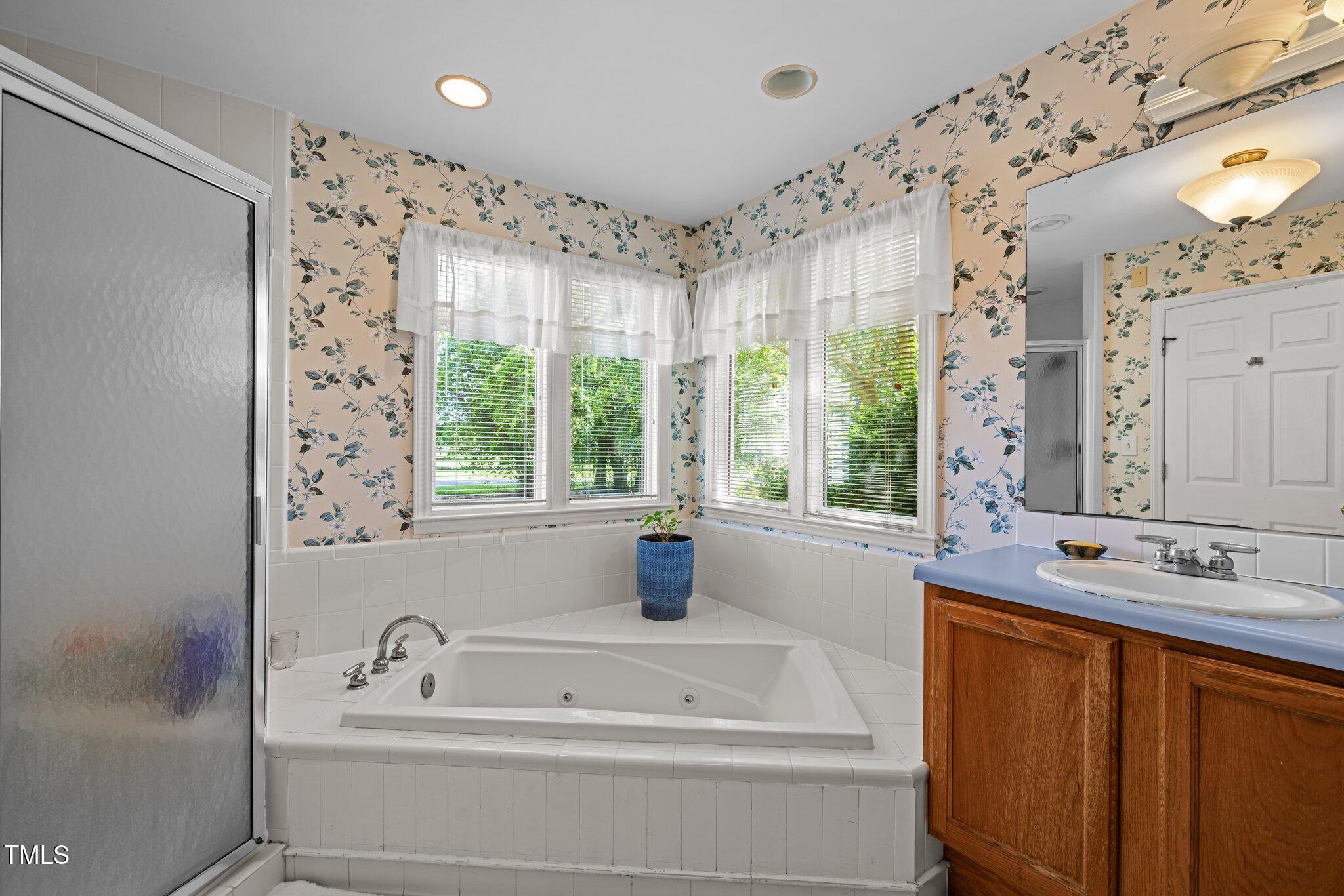 1624 Hopkins Road Bahama, NC 27503 - Photo 94 of 100 a bathroom with a bathtub sink and mirror