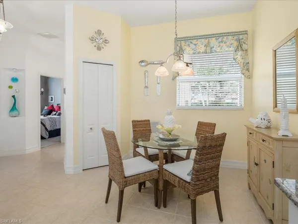 a view of a dining room with furniture