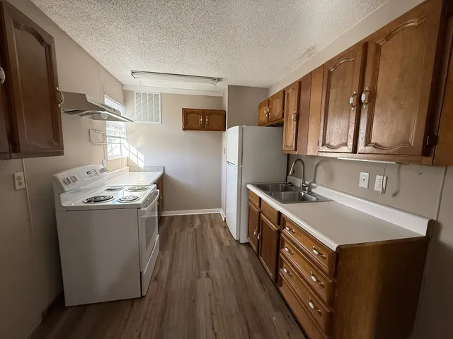 a kitchen with sink a refrigerator and wooden cabinets