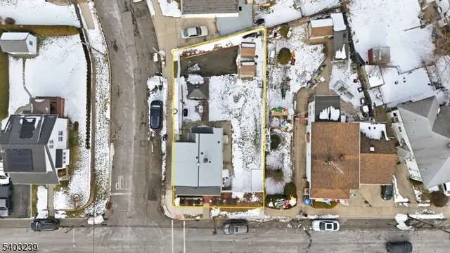 an aerial view of a building with outdoor space