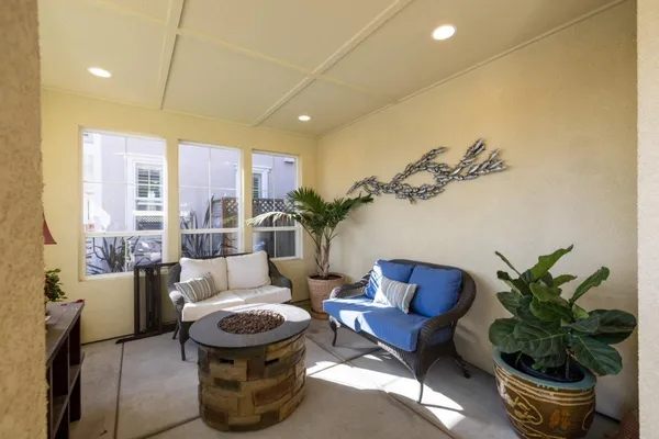 a living room with furniture and a potted plant