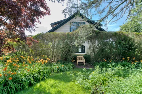a view of a field of grass and trees
