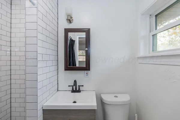 a bathroom with a toilet a sink a mirror and shower