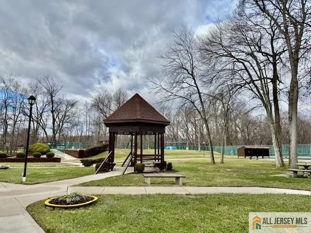 a view of a garden with a slide
