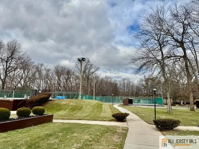 a view of a garden with swimming pool