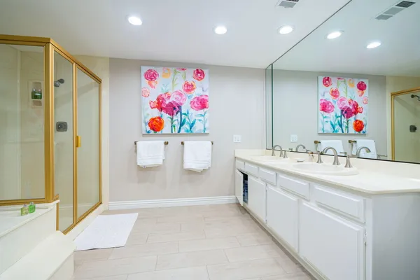 a bathroom with a sink mirror and a shower