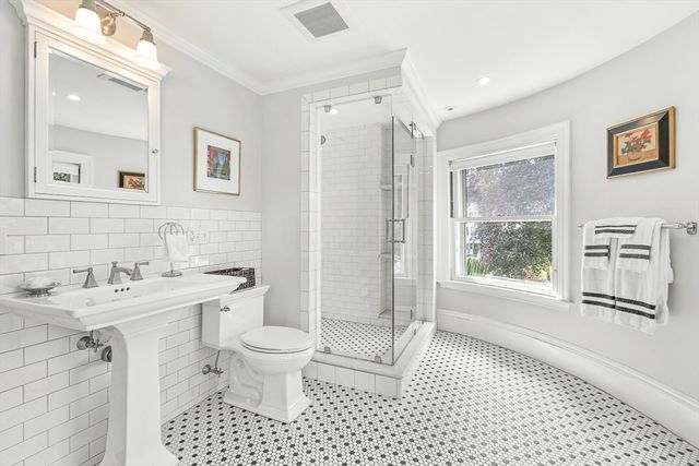 a bathroom with a sink a toilet a mirror and a shower