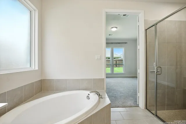 a bathroom with a bathtub and shower